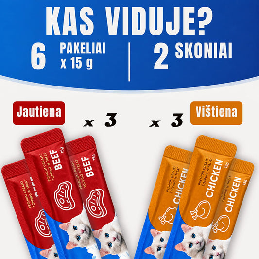 Vištienos ir jautoenos laižomi skanėsta katėms