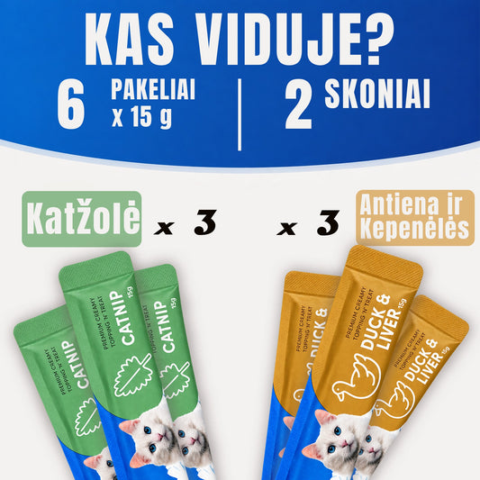 Katžolės ir antienos su kepenėlėmis laižomi skanukai katėms