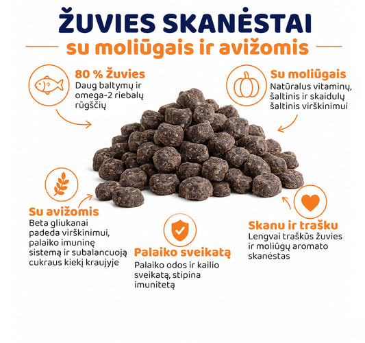 Natūralūs ore džiovinti žuvies skanėstai su moliūgu ir avižomis šunims ir katėm
