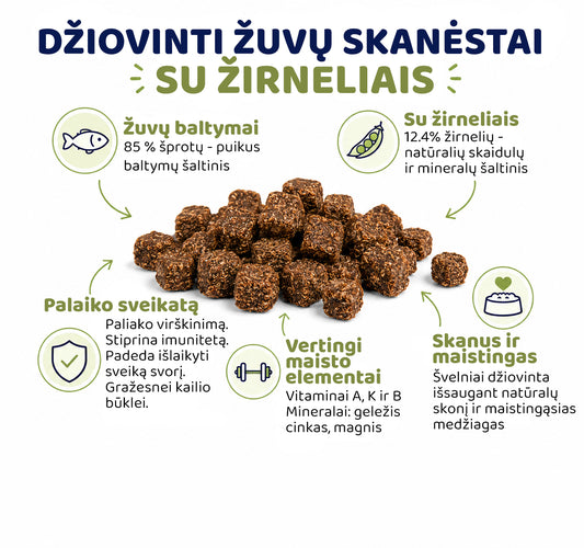 Džiovintų žuvies skanėstai su žirniais šunims ir katėms