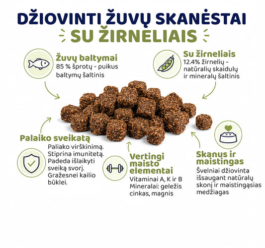 Džiovintų žuvies skanėstai su žirniais šunims ir katėms