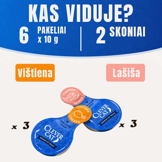 Kreminiai skanėstai šaukšteliuose katėms, vištiena ir lašiša, 6 vnt.