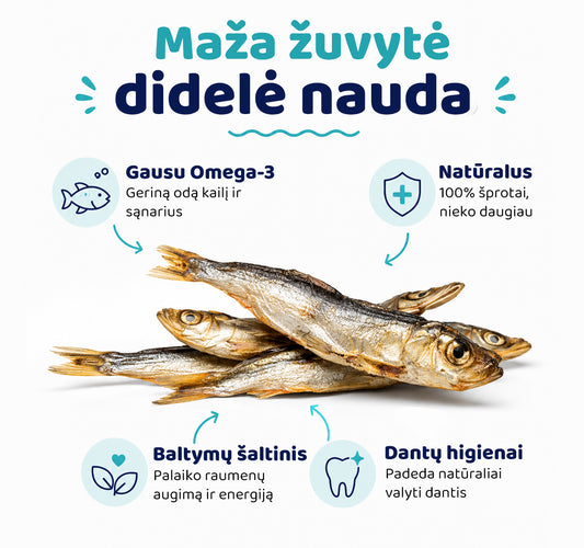 80 g džiovintų Baltijos šprotų pakuotė su natūraliais žuvies skanėstais šunims ir katėms.